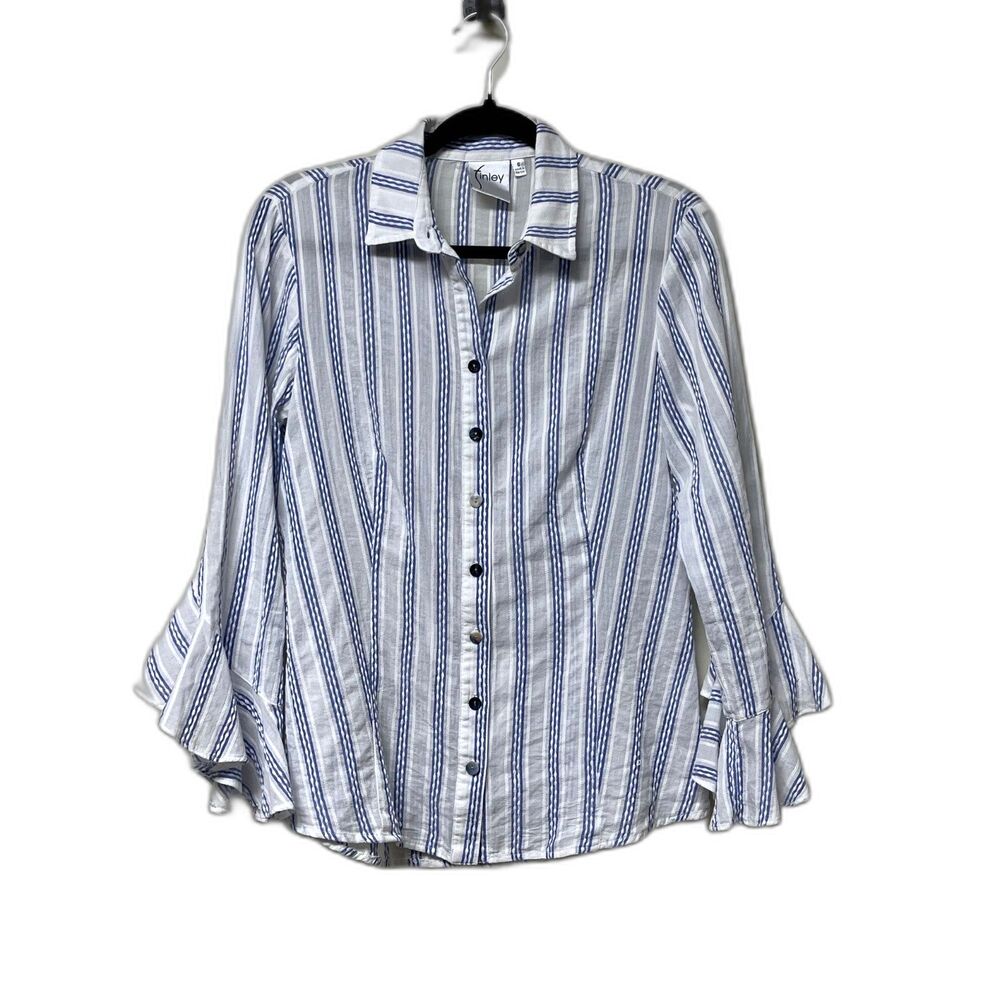 FINLEY Textured Blue/White Stripe Bell Sleeve Button Down Top, Sz S